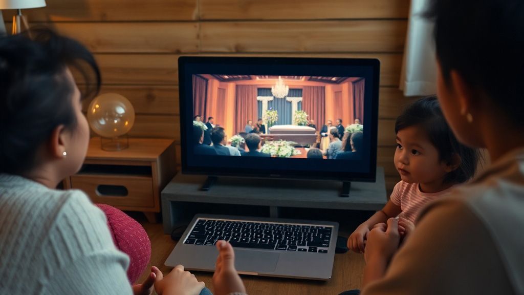A family watching a funeral ceremony live stream together at home